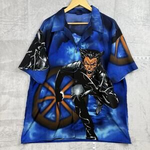 Vintage Wolverine X-Men Button-Up Shirt Blue Flame Comic Big Graphic Size XL Y2K